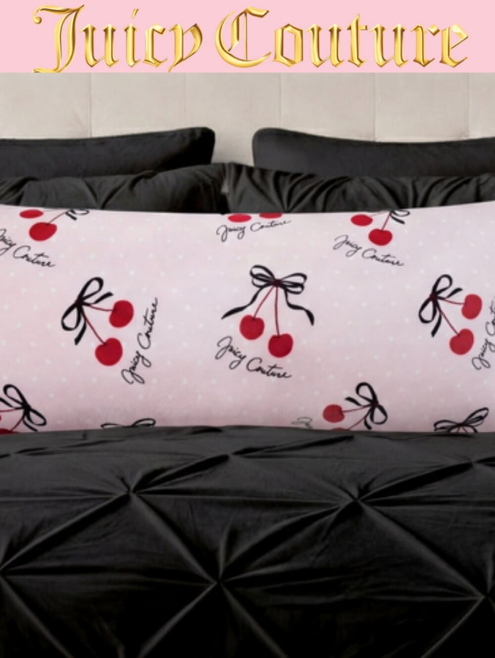 Juicy Couture Home Decorative Cherry Bows Print Plush Body Pillow
